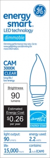 GE Energy Smart 10W Replacement 2.2W Candle CA11 LED Bulb Warm, Dim, Clear, E26