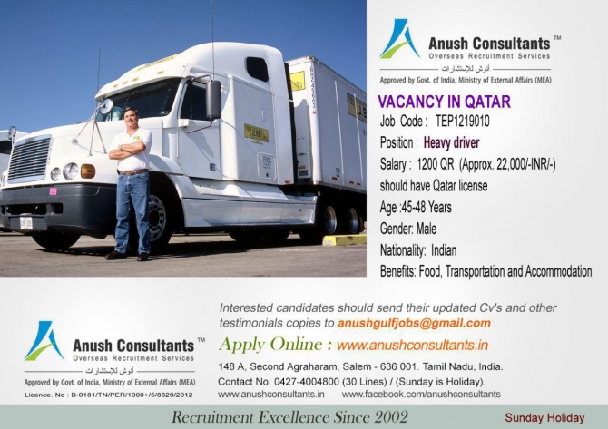 Required Heavy Driver For A Leading Company In Qatar. 