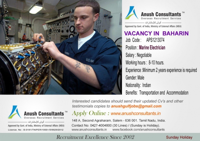 Required Marine Electrician  For A Leading Company In Bahrain.